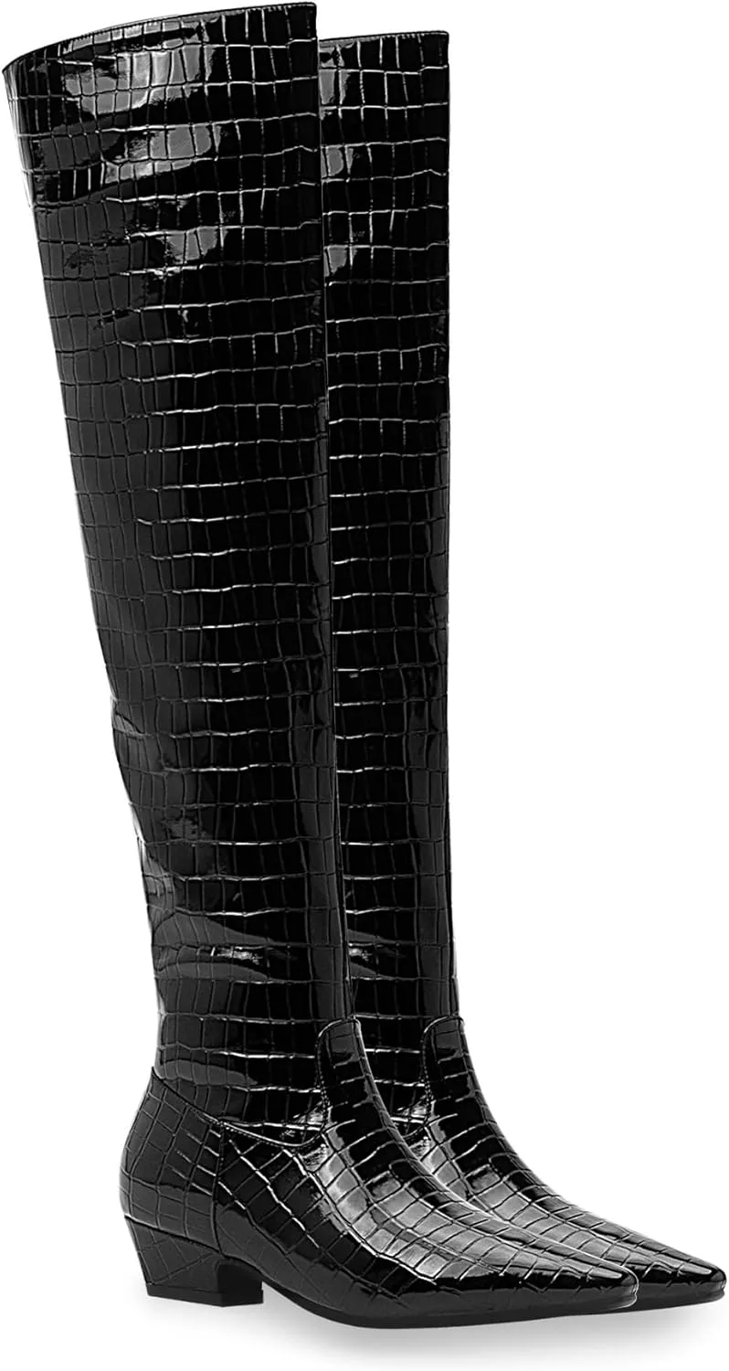 Women's Sexy Crocodile Over The Knee High Boots Low Heel Long Fall Boots