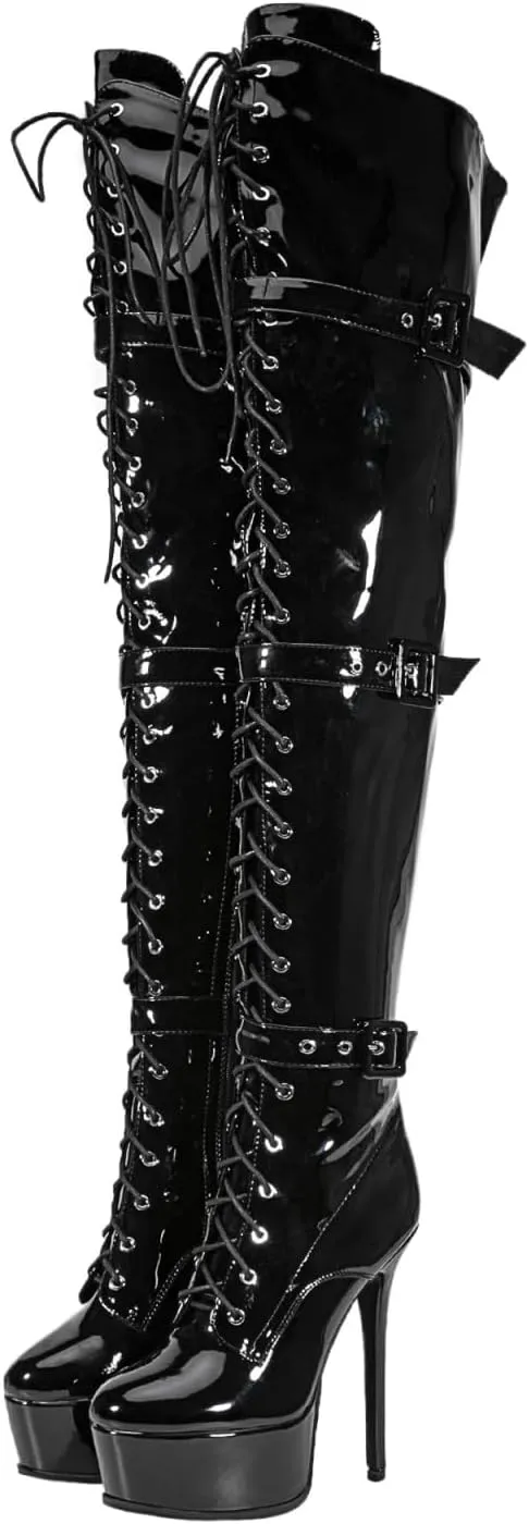Women's Sexy Thigh High Heels Cross Lace Up Over Knee Platform Boots Unisex Round Head Plus Size