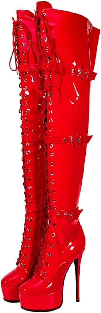 Women's Sexy Thigh High Heels Cross Lace Up Over Knee Platform Boots Unisex Round Head Plus Size