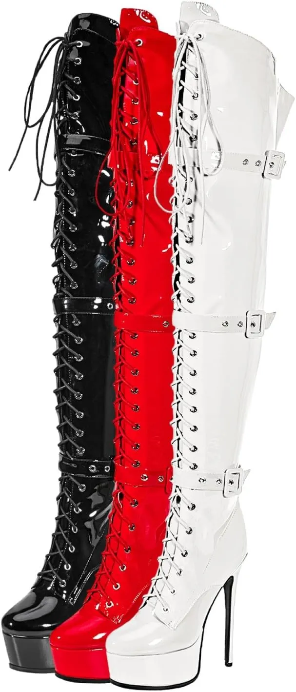 Women's Sexy Thigh High Heels Cross Lace Up Over Knee Platform Boots Unisex Round Head Plus Size