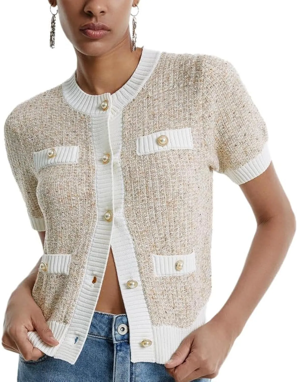 Womens Short Sleeve Cardigans Tops Summer Button Up Work Cropped Sweater Shirts 2025