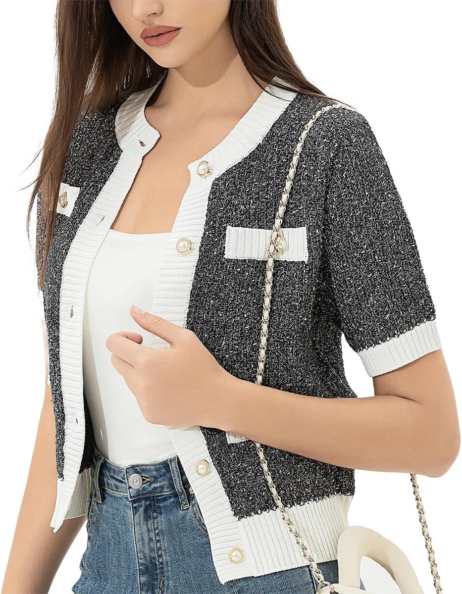 Womens Short Sleeve Cardigans Tops Summer Button Up Work Cropped Sweater Shirts 2025