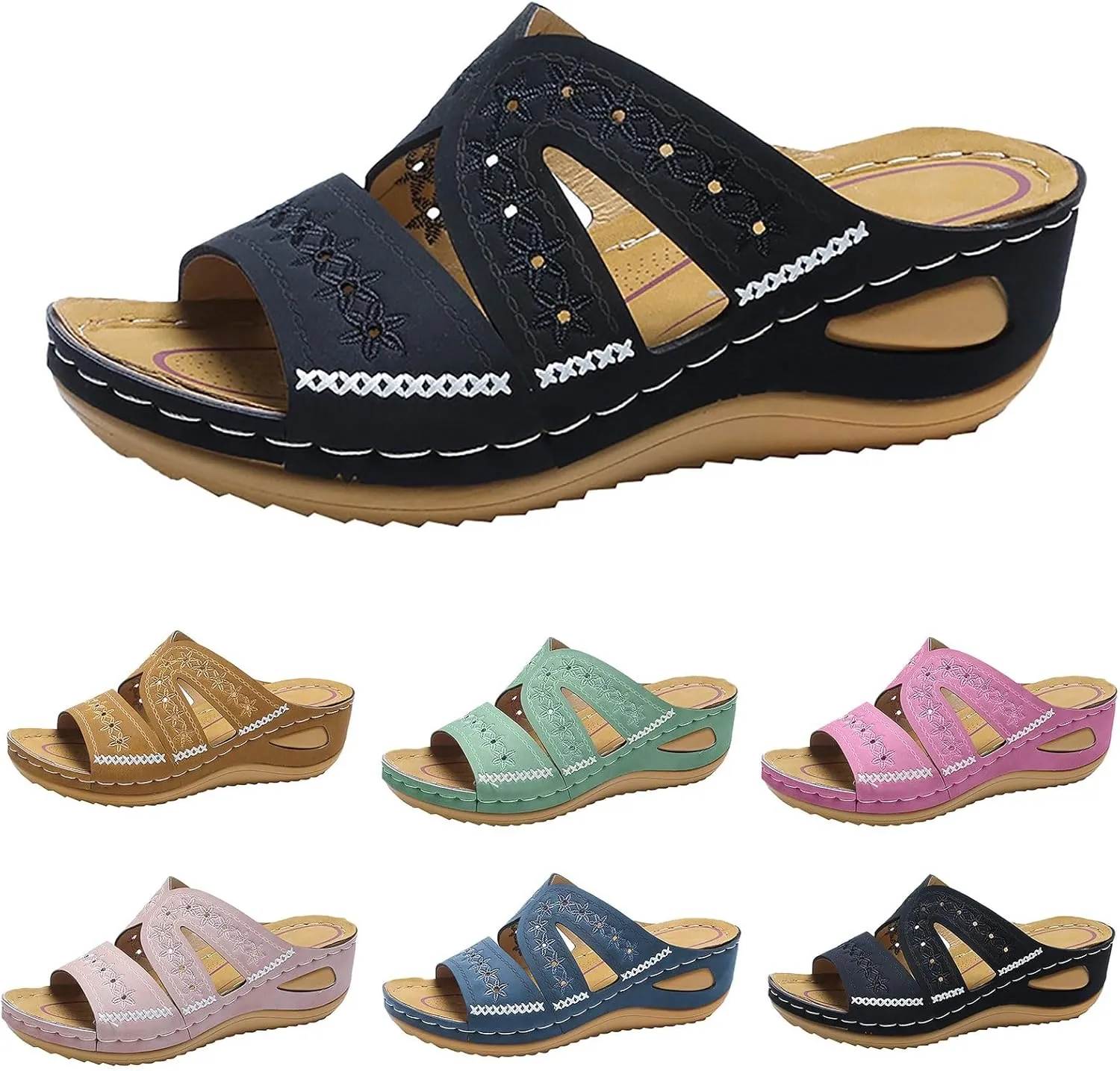 Women's Slide Sandals Comfortable Arch Support Orthopedic Sandals Dressy Summer Casual Walking Sandals Slip On Low Wedge Flat Sandals Flat Slides (a-Black, 8.5)