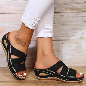 Women's Slide Sandals Comfortable Arch Support Orthopedic Sandals Dressy Summer Casual Walking Sandals Slip On Low Wedge Flat Sandals Flat Slides (a-Black, 8.5)