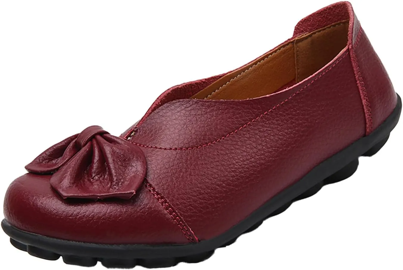Women's Slip On Leather Loafers,Vintage Cute Handmade Bow Comfy Non-Slip Softsole Walking Casual Moccasins Dress Pumps