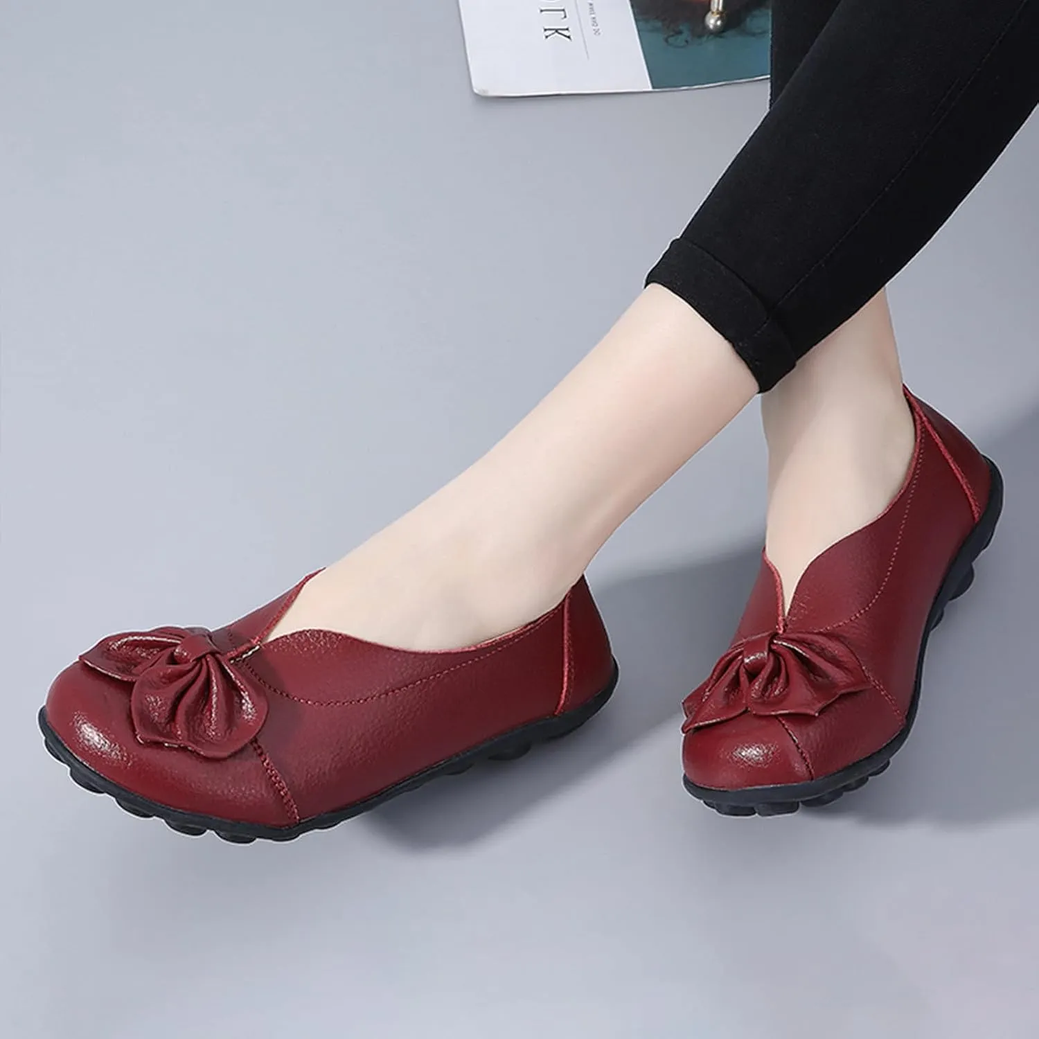 Women's Slip On Leather Loafers,Vintage Cute Handmade Bow Comfy Non-Slip Softsole Walking Casual Moccasins Dress Pumps