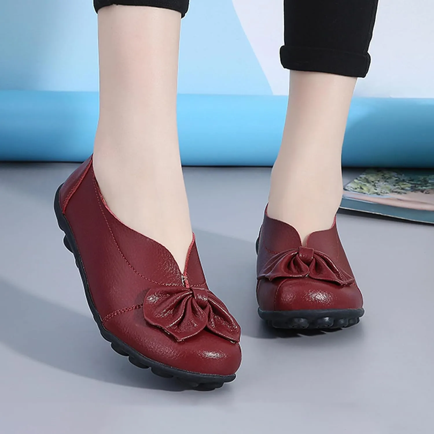 Women's Slip On Leather Loafers,Vintage Cute Handmade Bow Comfy Non-Slip Softsole Walking Casual Moccasins Dress Pumps