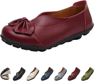 Women's Slip On Leather Loafers,Vintage Cute Handmade Bow Comfy Non-Slip Softsole Walking Casual Moccasins Dress Pumps