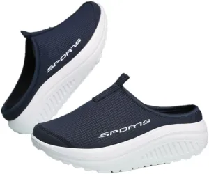 Women's Solid Color Casual Sneakers, Platform Slip on Soft Sole Mesh Walking Shoes, Half Drag Breathable Shoes Plus Size Comfortable Wedge Platform Loafers