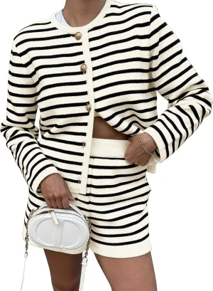 Womens Striped 2 Piece Outfits Long Sleeve Crew Neck Button Lounge Short Set Casual Knit Sweater High Waist Shorts