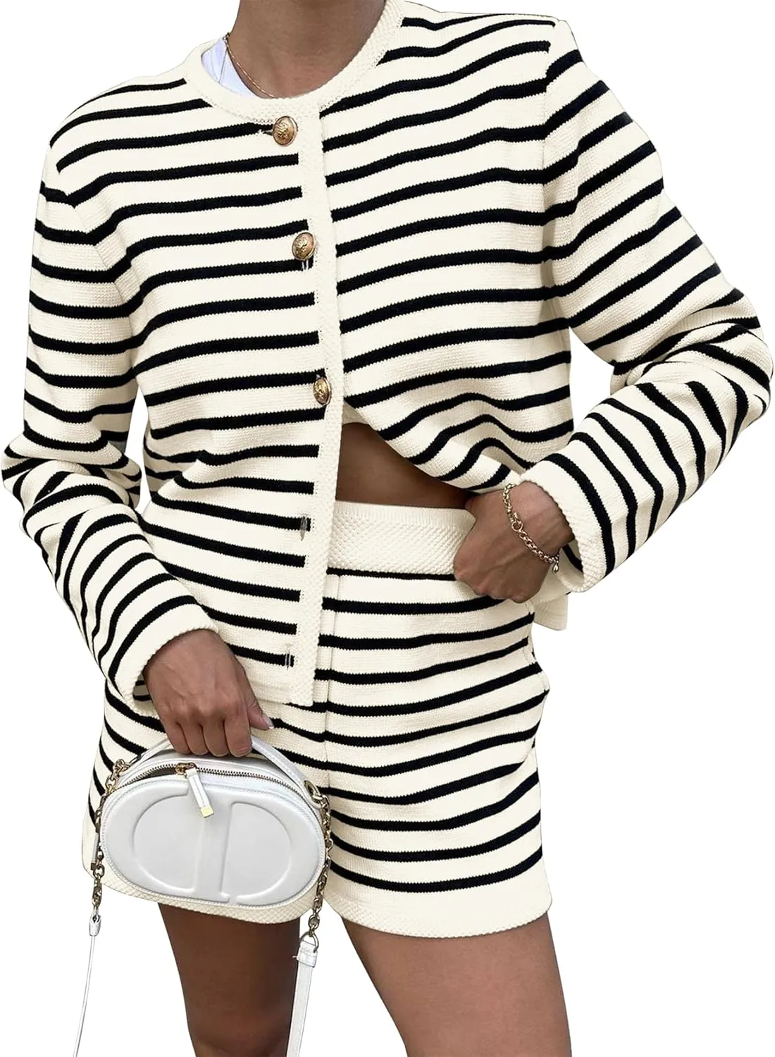 Womens Striped 2 Piece Outfits Long Sleeve Crew Neck Button Lounge Short Set Casual Knit Sweater High Waist Shorts