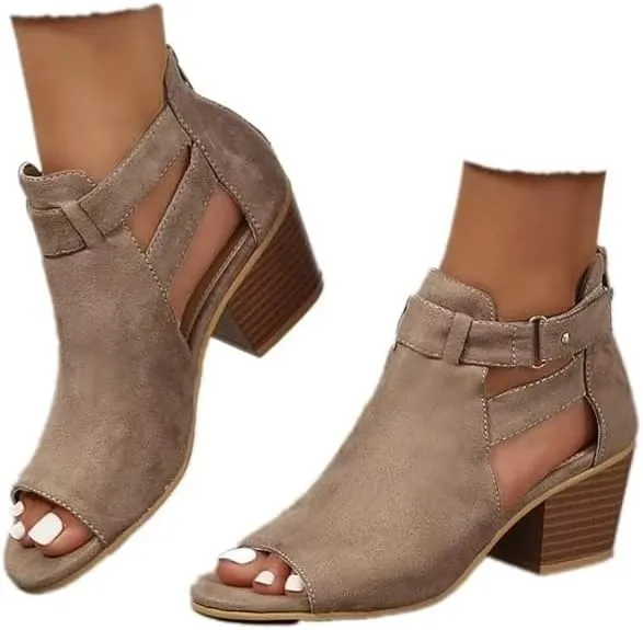 Womens Suede Peep Toe Chunky Heels Ankle Booties with Ankle Strap Cutout Wedge Back Zipper Sandals Dress Walking Boots