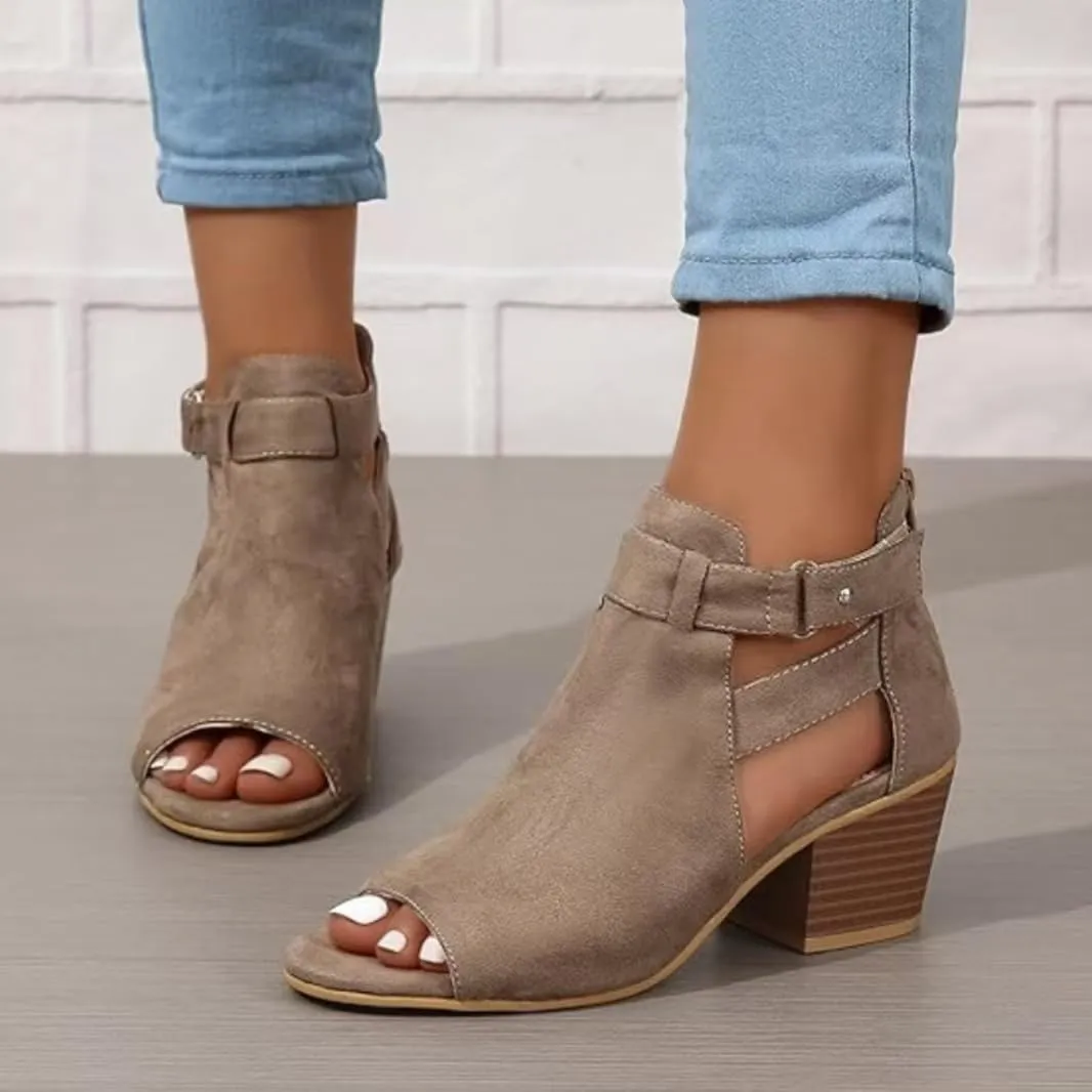 Womens Suede Peep Toe Chunky Heels Ankle Booties with Ankle Strap Cutout Wedge Back Zipper Sandals Dress Walking Boots