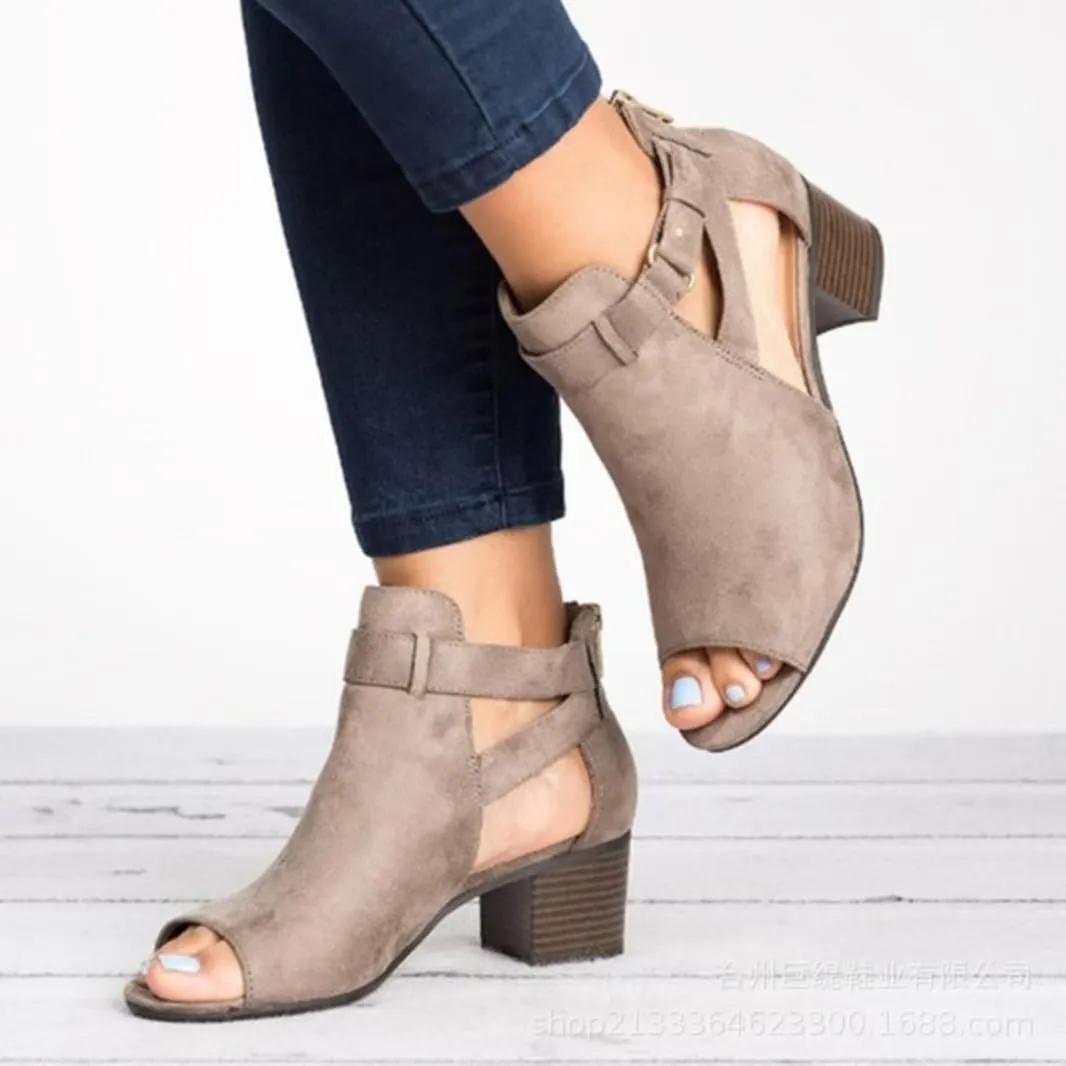 Womens Suede Peep Toe Chunky Heels Ankle Booties with Ankle Strap Cutout Wedge Back Zipper Sandals Dress Walking Boots