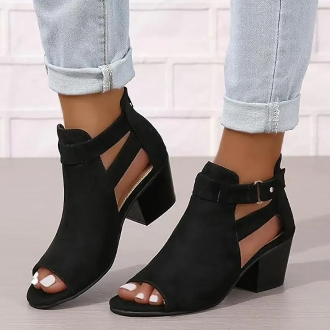 Womens Suede Peep Toe Chunky Heels Ankle Booties with Ankle Strap Cutout Wedge Back Zipper Sandals Dress Walking Boots