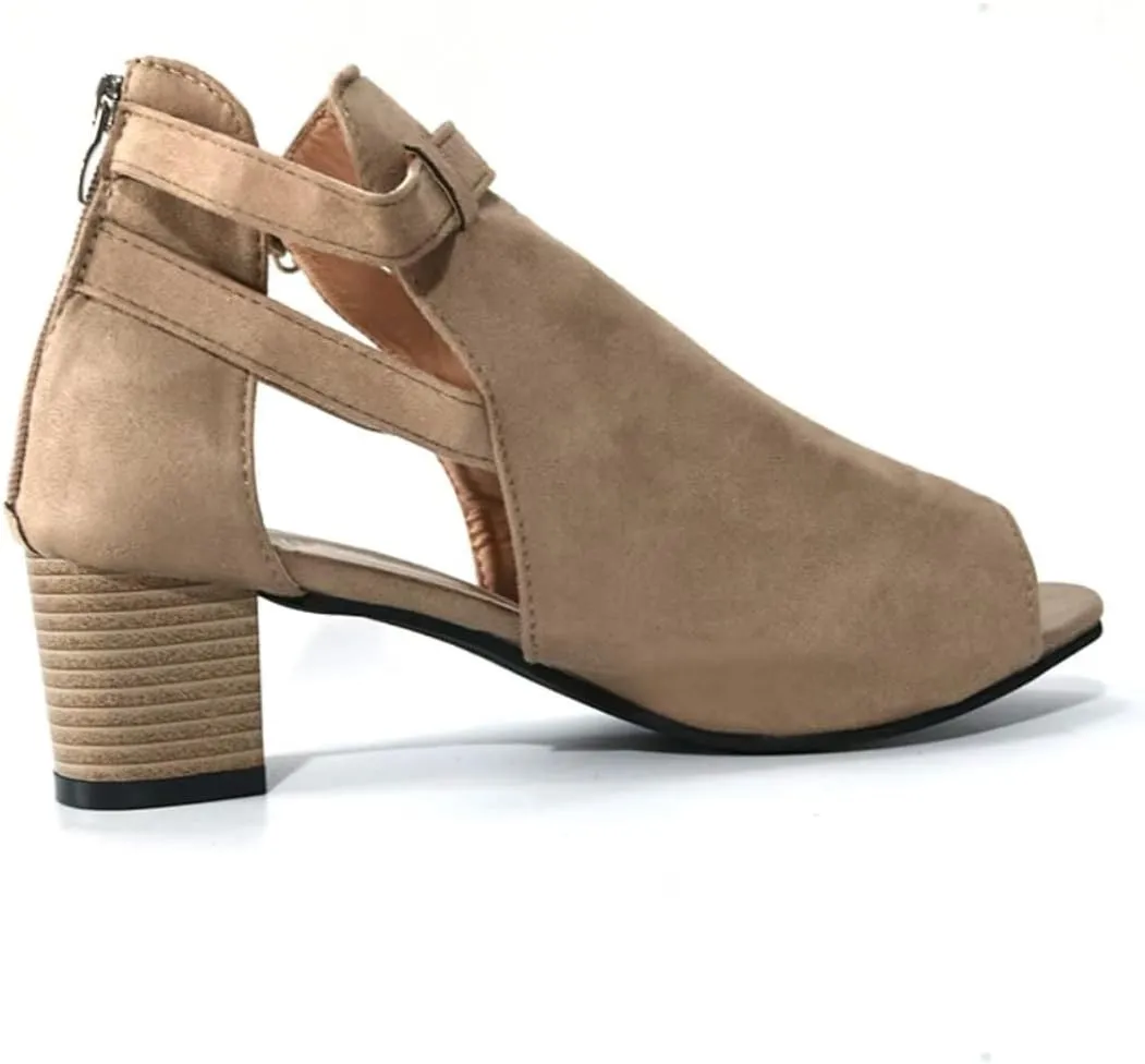 Womens Suede Peep Toe Chunky Heels Ankle Booties with Ankle Strap Cutout Wedge Back Zipper Sandals Dress Walking Boots