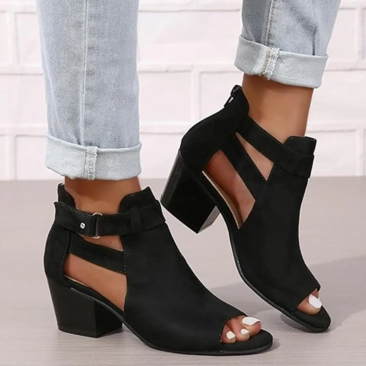 Womens Suede Peep Toe Chunky Heels Ankle Booties with Ankle Strap Cutout Wedge Back Zipper Sandals Dress Walking Boots