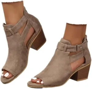 Womens Suede Peep Toe Chunky Heels Ankle Booties with Ankle Strap Cutout Wedge Back Zipper Sandals Dress Walking Boots