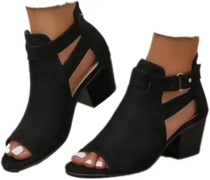 Womens Suede Peep Toe Chunky Heels Ankle Booties with Ankle Strap Cutout Wedge Back Zipper Sandals Dress Walking Boots