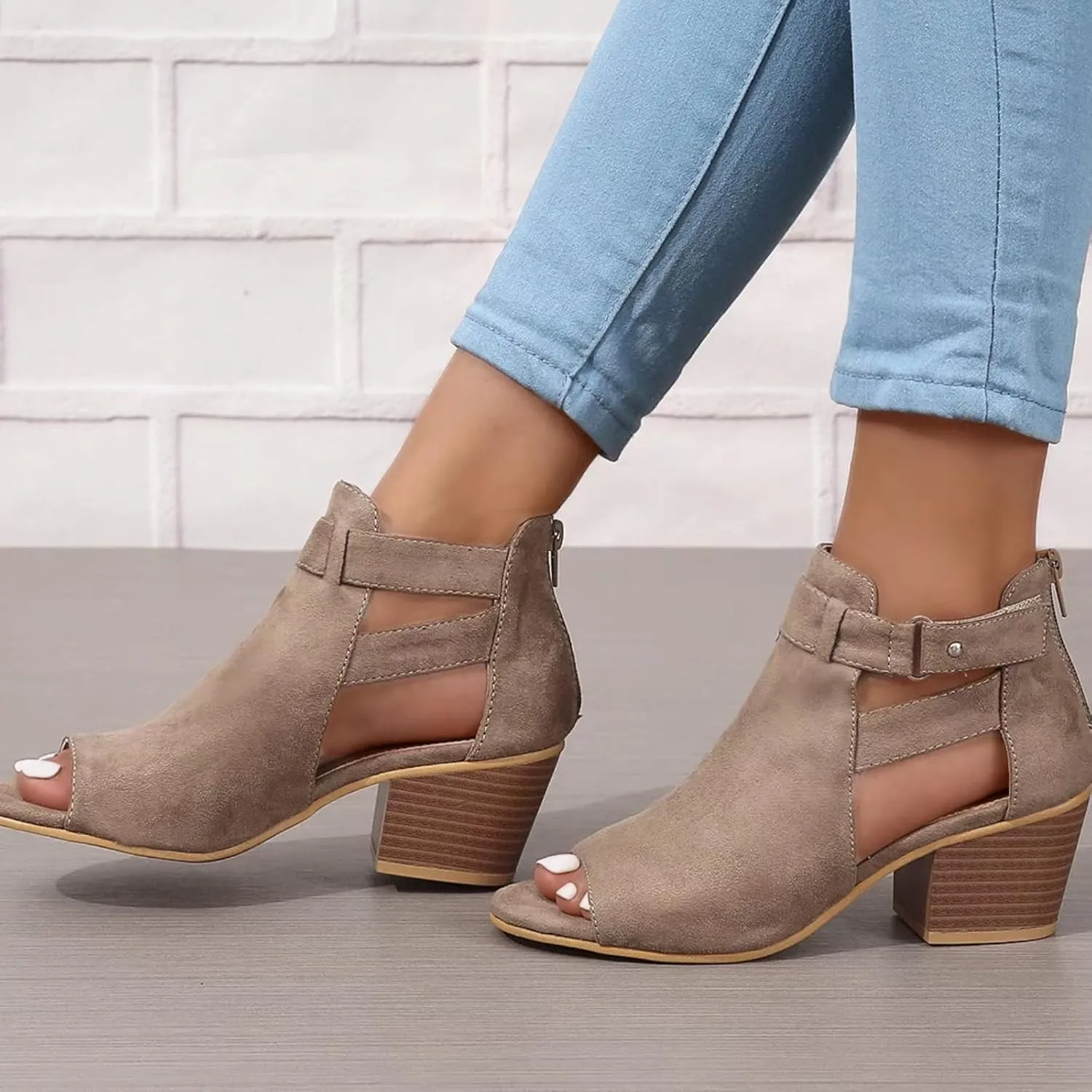 Womens Suede Peep Toe Chunky Heels Ankle Booties with Ankle Strap Cutout Wedge Back Zipper Sandals Dress Walking Boots