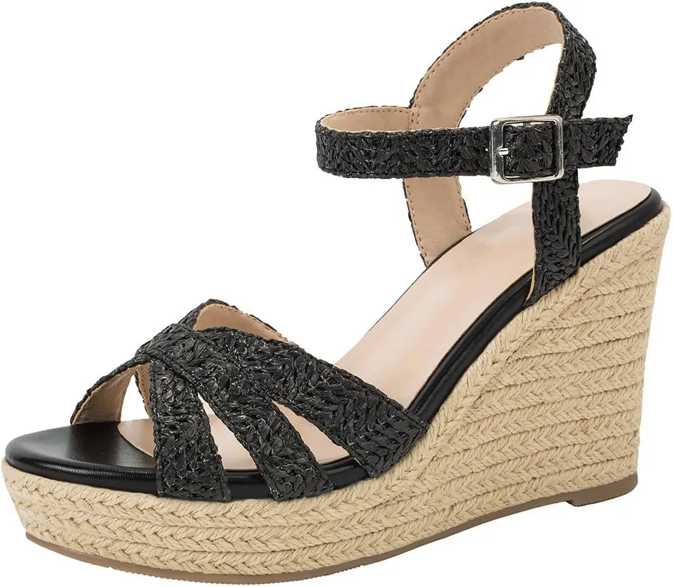Women's Wedge Platform Sandals - Stylish Raffia Woven Espadrilles Summer Sandals Women's Open Toe Buckle Ankle Wedge Heels