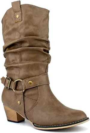 Women's Western Cowboy Pointed Toe Knee High Pull On Tabs Boots, TPS Wild-02 Taupe Size 7.5