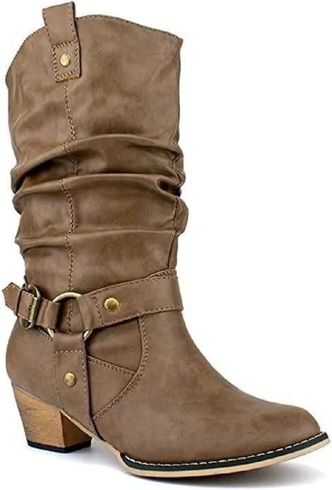 Women's Western Cowboy Pointed Toe Knee High Pull On Tabs Boots, TPS Wild-02 Taupe Size 7.5