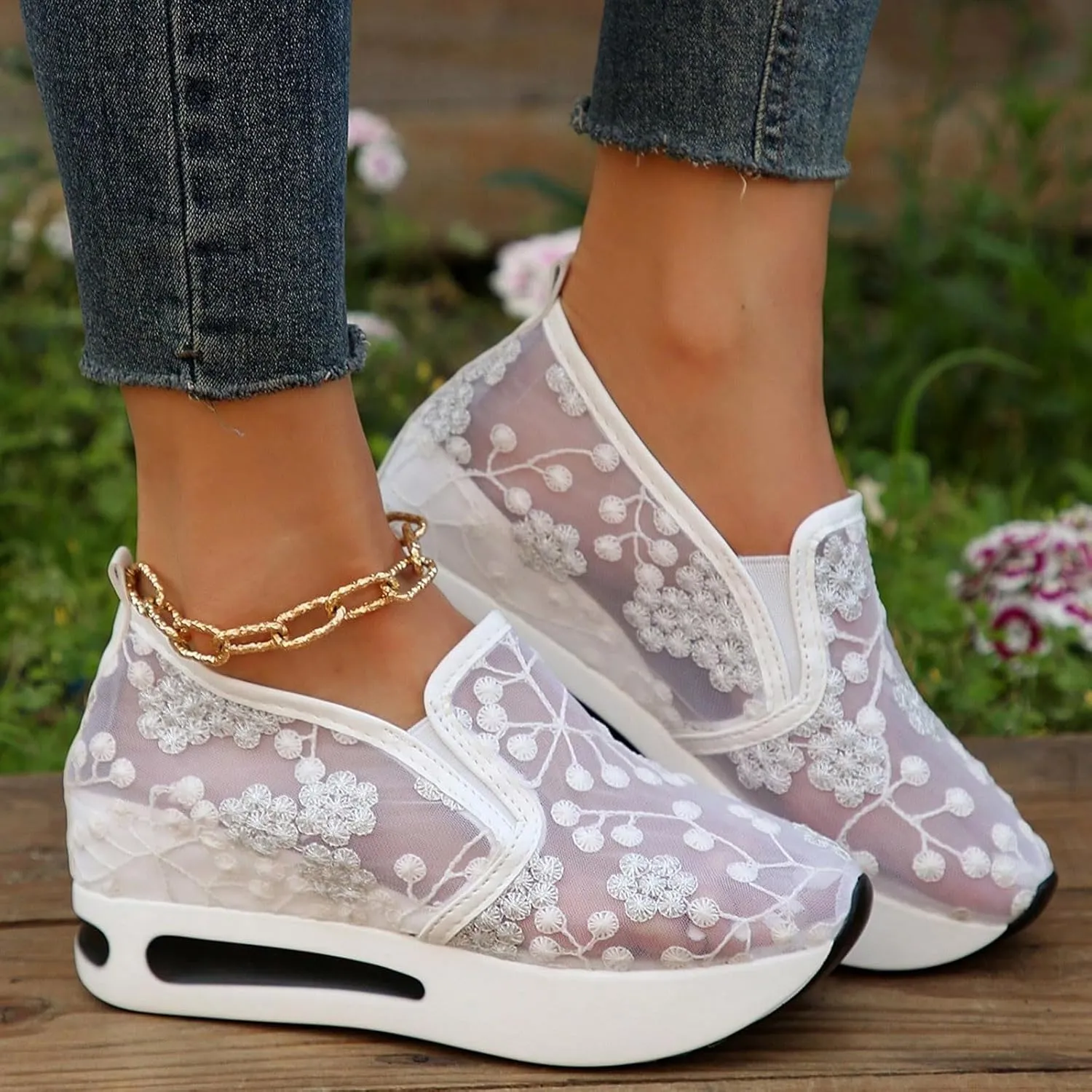 Womenyiaor Women's Fashion Sneakers Dressy Floral Embroidery Sheer Mesh Lace Sneakers Platform Wedge Sneakers for Women Slip on Walking Shoes Loafers Lace up Sneakers Casual Shoes