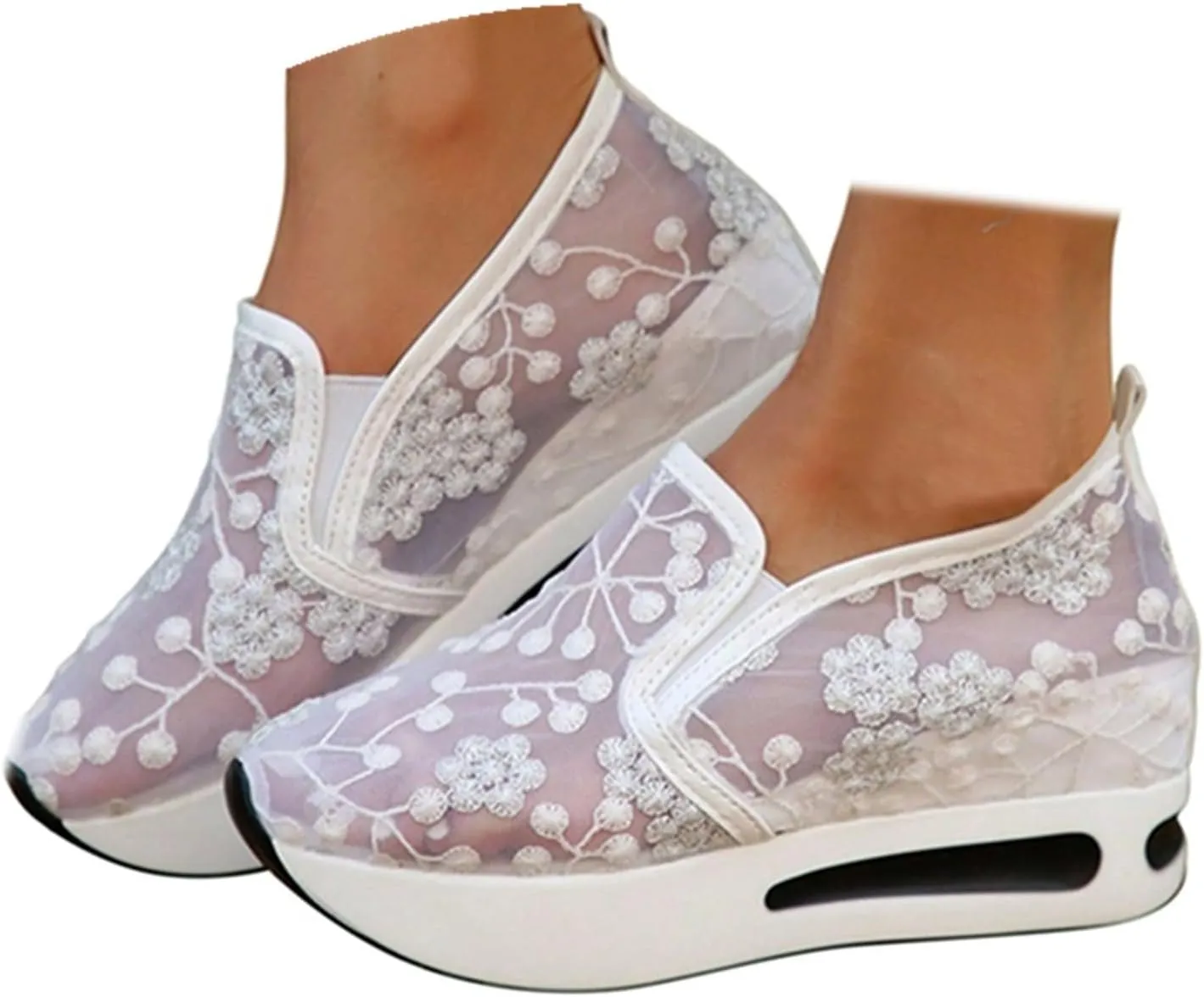 Womenyiaor Women's Fashion Sneakers Dressy Floral Embroidery Sheer Mesh Lace Sneakers Platform Wedge Sneakers for Women Slip on Walking Shoes Loafers Lace up Sneakers Casual Shoes