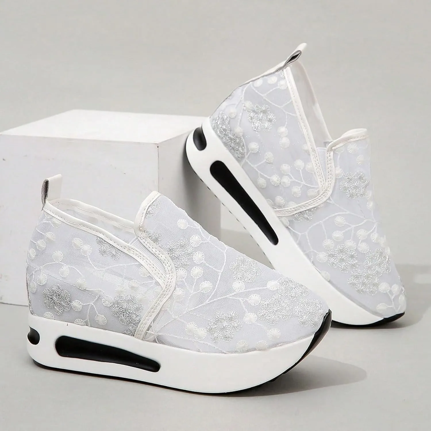 Womenyiaor Women's Fashion Sneakers Dressy Floral Embroidery Sheer Mesh Lace Sneakers Platform Wedge Sneakers for Women Slip on Walking Shoes Loafers Lace up Sneakers Casual Shoes
