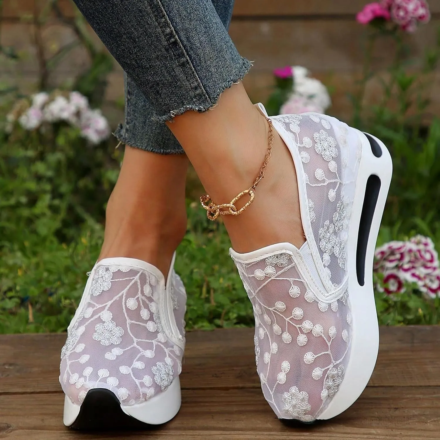 Womenyiaor Women's Fashion Sneakers Dressy Floral Embroidery Sheer Mesh Lace Sneakers Platform Wedge Sneakers for Women Slip on Walking Shoes Loafers Lace up Sneakers Casual Shoes