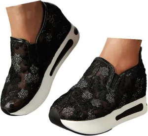 Womenyiaor Women's Fashion Sneakers Dressy Floral Embroidery Sheer Mesh Lace Sneakers Platform Wedge Sneakers for Women Slip on Walking Shoes Loafers Lace up Sneakers Casual Shoes