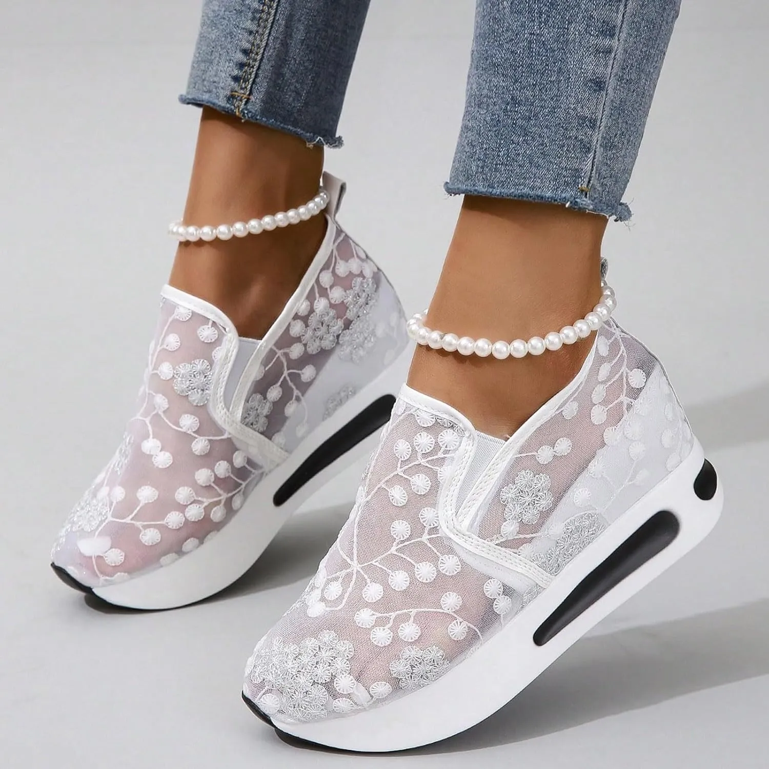 Womenyiaor Women's Fashion Sneakers Dressy Floral Embroidery Sheer Mesh Lace Sneakers Platform Wedge Sneakers for Women Slip on Walking Shoes Loafers Lace up Sneakers Casual Shoes