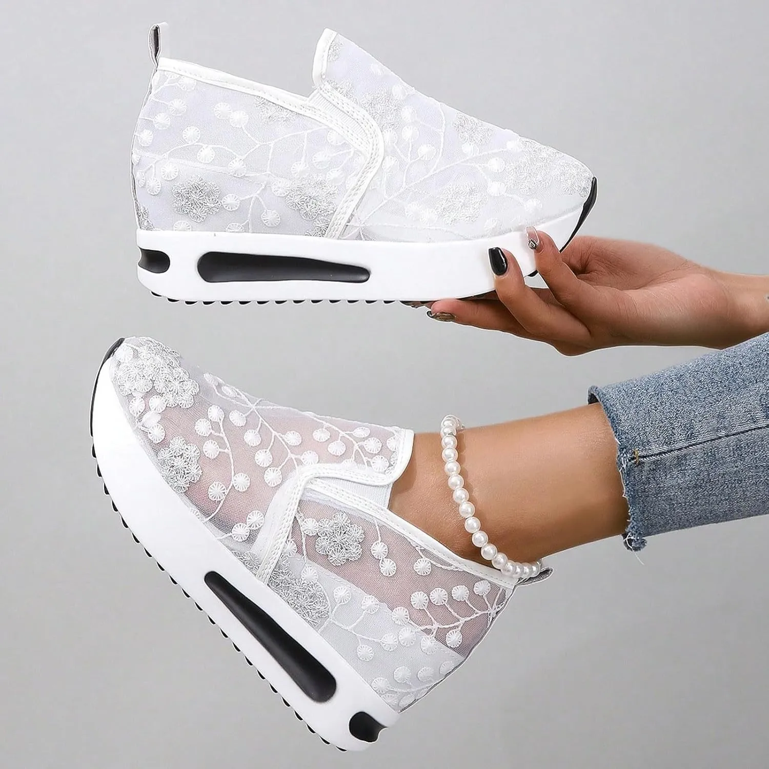 Womenyiaor Women's Fashion Sneakers Dressy Floral Embroidery Sheer Mesh Lace Sneakers Platform Wedge Sneakers for Women Slip on Walking Shoes Loafers Lace up Sneakers Casual Shoes