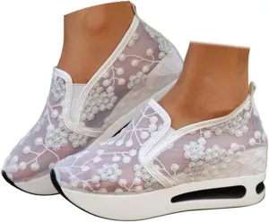Womenyiaor Women's Fashion Sneakers Dressy Floral Embroidery Sheer Mesh Lace Sneakers Platform Wedge Sneakers for Women Slip on Walking Shoes Loafers Lace up Sneakers Casual Shoes