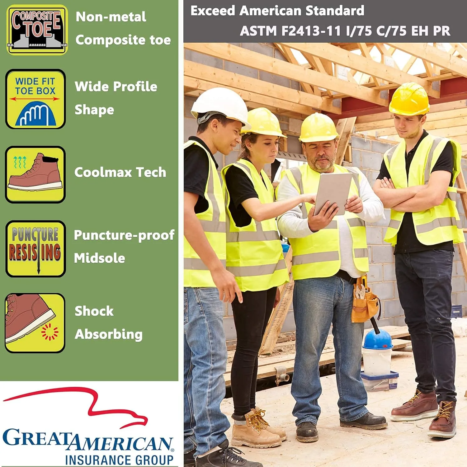Work Boots for Men - 6" Composite/Soft Toe Mens Work Boots, Non-Slip Water Resistant EH Construction Work Shoes