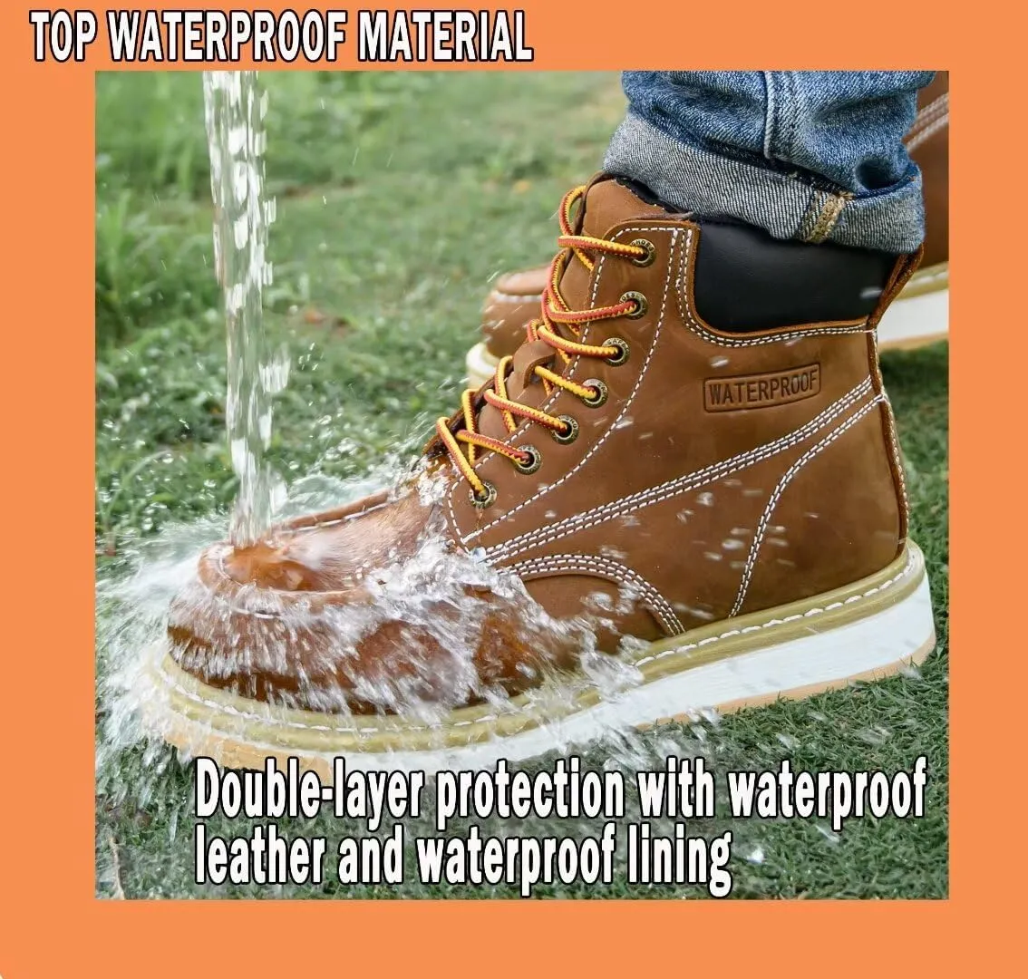 Work Boots for Men, 6" Soft Toe Wedge Sole Waterproof Safety Boots, Comfortable Construction Work Safety Shoes
