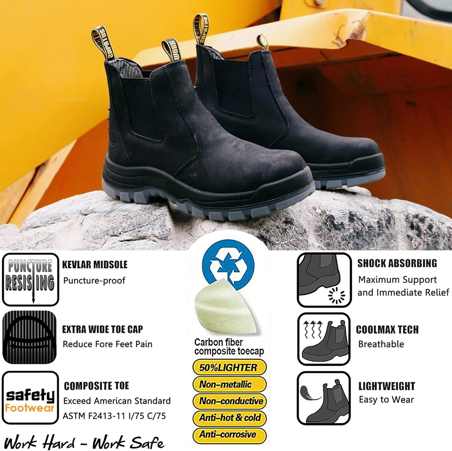 Work Boots for Men, Composite/Soft Toe Waterproof Working Boots, Slip Resistant Anti-Static Slip-on Safety Working Shoes 8 9 10 11 12 13