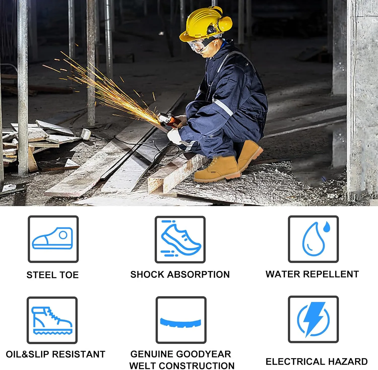 Work Boots for Men, Steel Toe, Leather, Oil, Slip and Heat Resistant Heavy Duty Wide Industrial & Construction Safety Boots, US 7-17 M & W