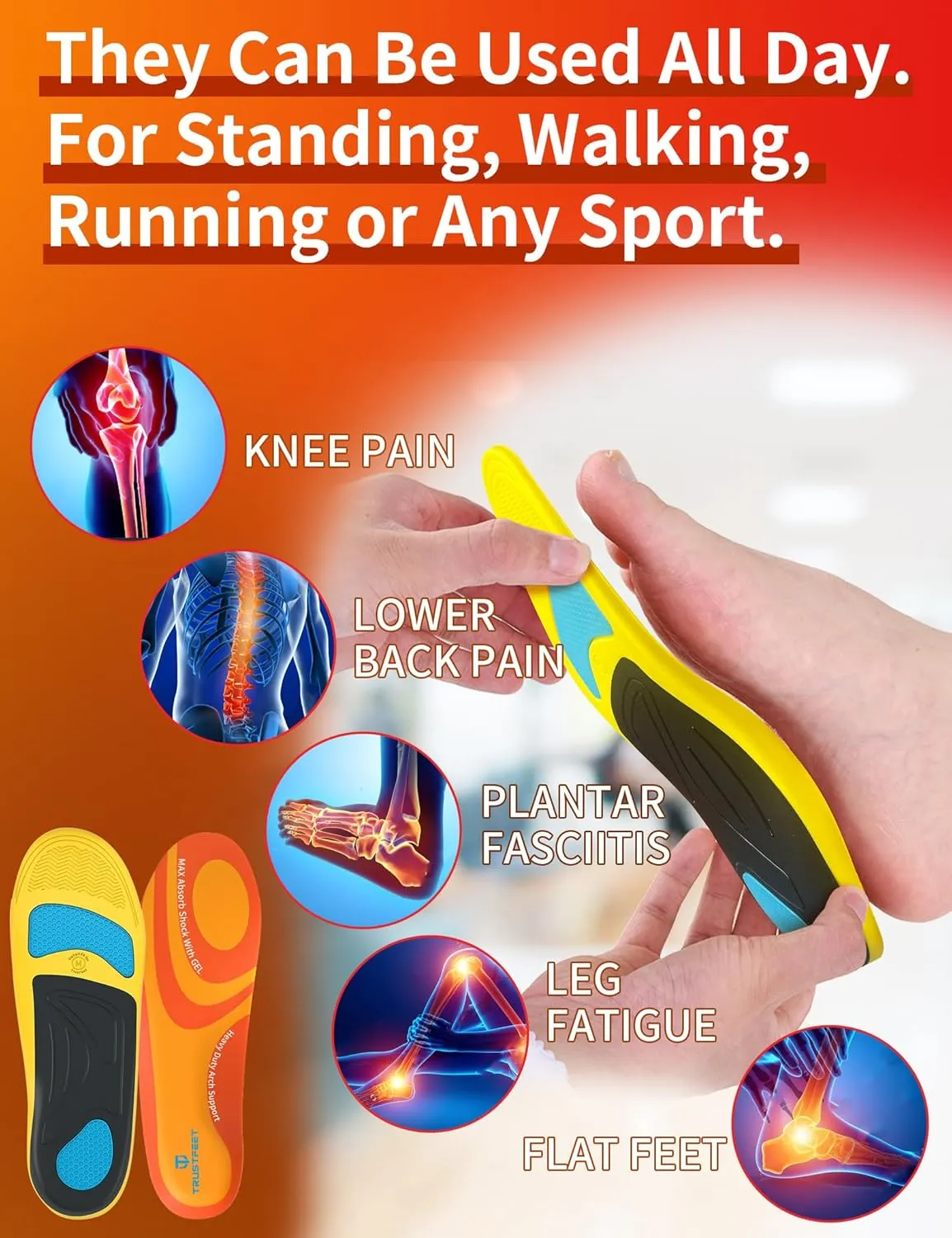 Work Orthotic Heavy Duty Support Insoles,Anti Fatigue Relieve Foot Pain Work Boot Shoes Inserts for Standing All Day,Plantar Fasciitis High Arch Support Insoles for Man Women-XL
