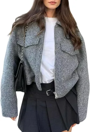 Wyeysyt Wool Coats for Women Lapel Zip Up Copped Bomber Jacket Outerwear with Pockets 2025