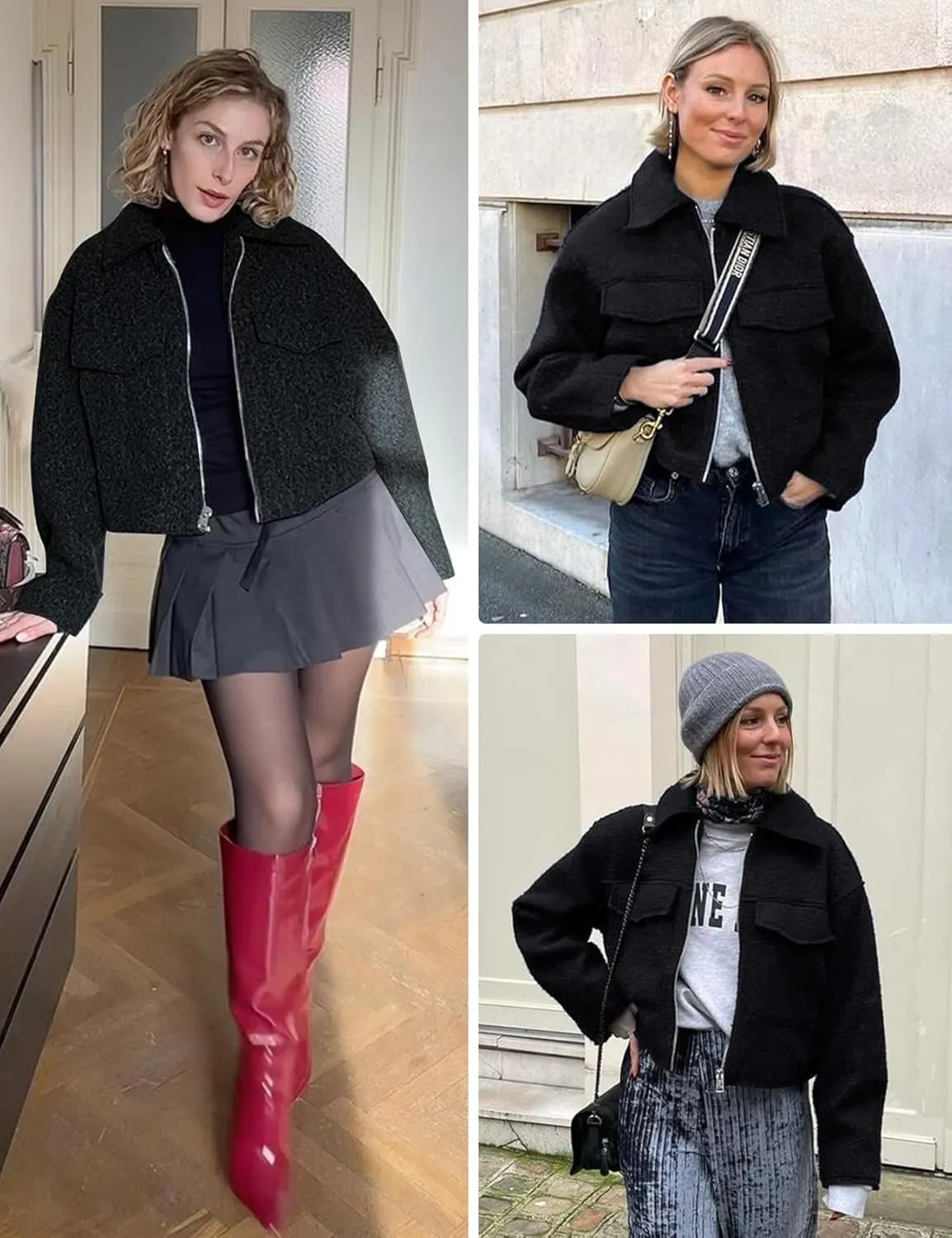 Wyeysyt Wool Coats for Women Lapel Zip Up Copped Bomber Jacket Outerwear with Pockets 2025