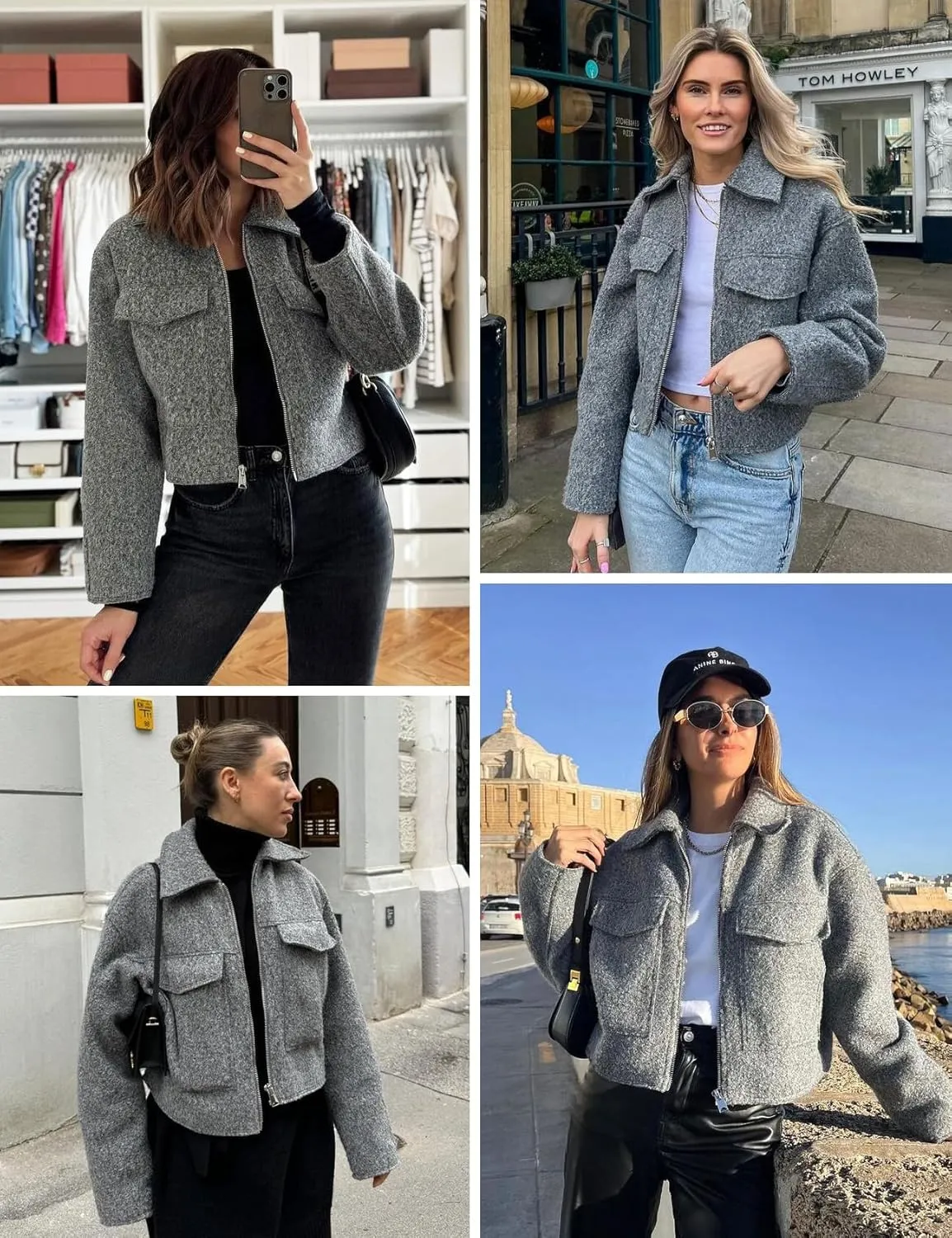 Wyeysyt Wool Coats for Women Lapel Zip Up Copped Bomber Jacket Outerwear with Pockets 2025