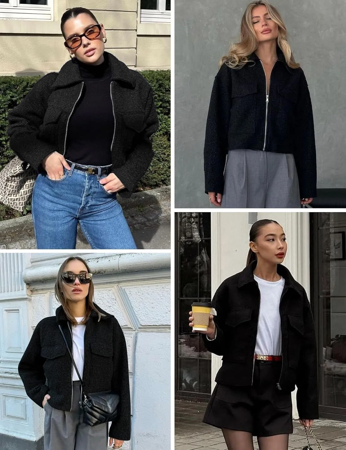 Wyeysyt Wool Coats for Women Lapel Zip Up Copped Bomber Jacket Outerwear with Pockets 2025