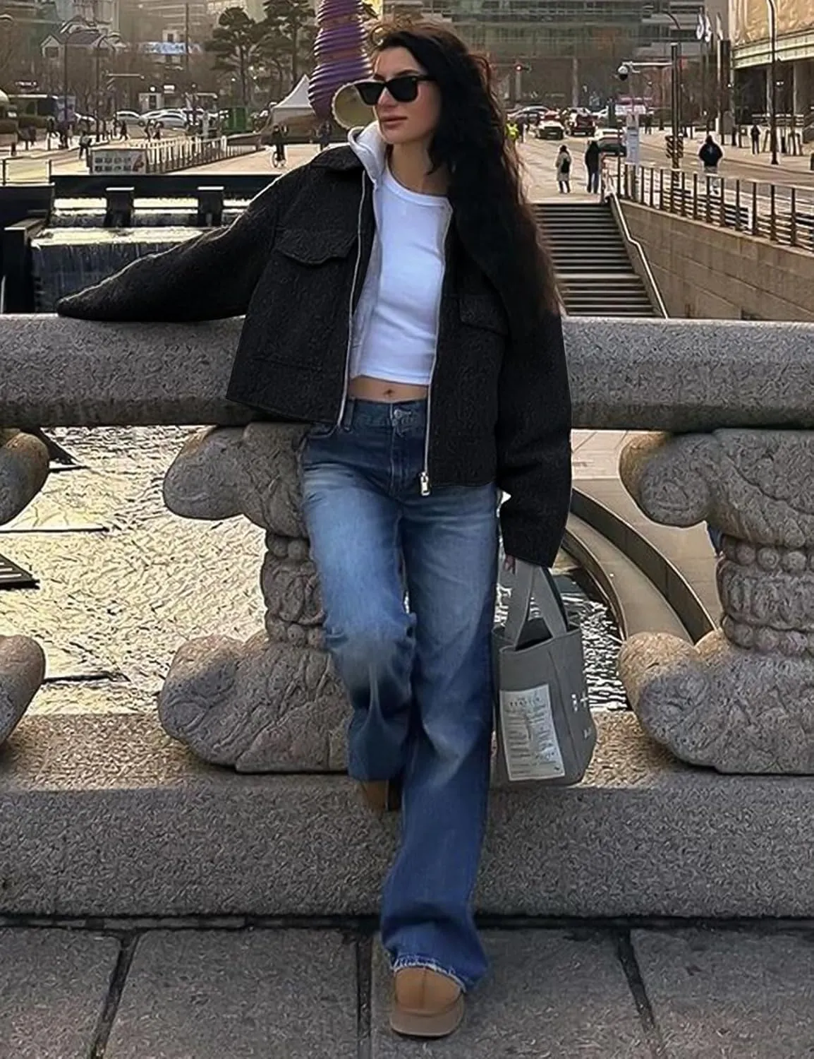 Wyeysyt Wool Coats for Women Lapel Zip Up Copped Bomber Jacket Outerwear with Pockets 2025