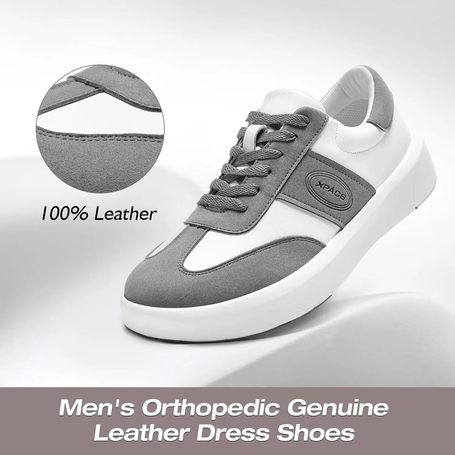 XPACS Men's Orthopedic Leather Dress Fashion Sneakers: Comfortable Plantar Fasciitis Arch Support Work Walking Shoes, Casual Business Tennis Orthotic Oxfords for Heel and Foot Pain Relief