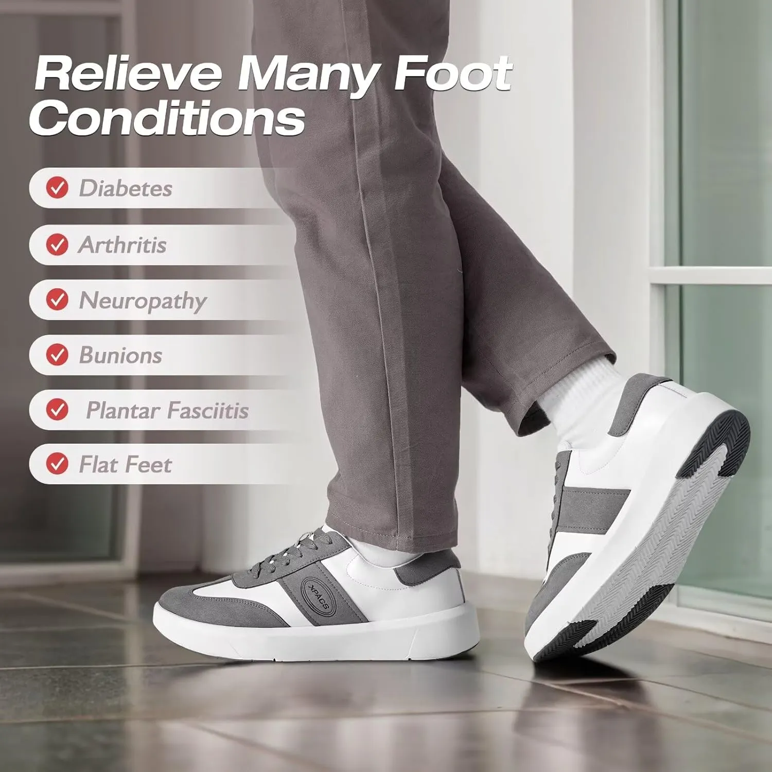 XPACS Men's Orthopedic Leather Dress Fashion Sneakers: Comfortable Plantar Fasciitis Arch Support Work Walking Shoes, Casual Business Tennis Orthotic Oxfords for Heel and Foot Pain Relief