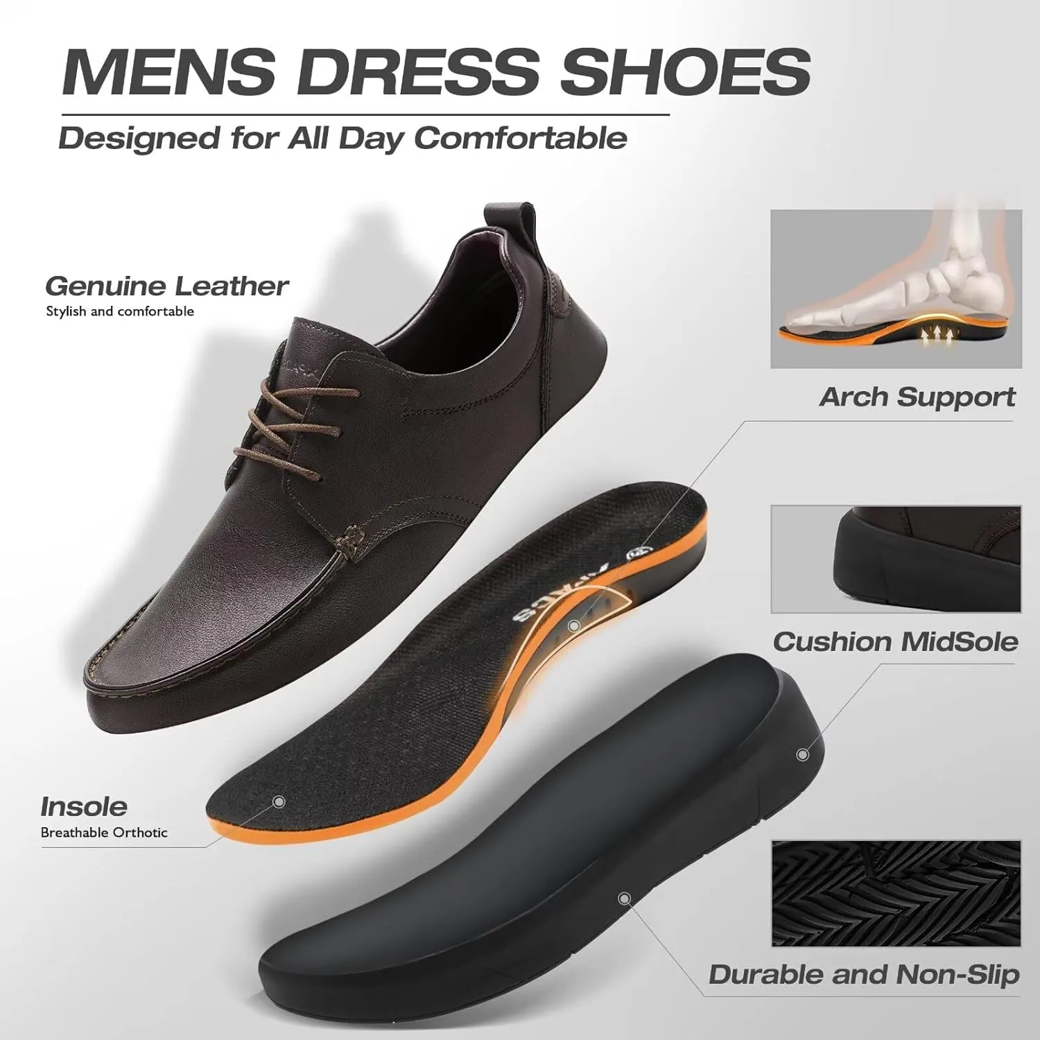 XPACS Men's Orthopedic Leather Dress Walking Shoes: Comfortable Plantar Fasciitis Arch Support Sneakers, Casual Business Work Adjustable Fit Orthotic Flat Feet Oxfords for Heel Foot Pain Relief