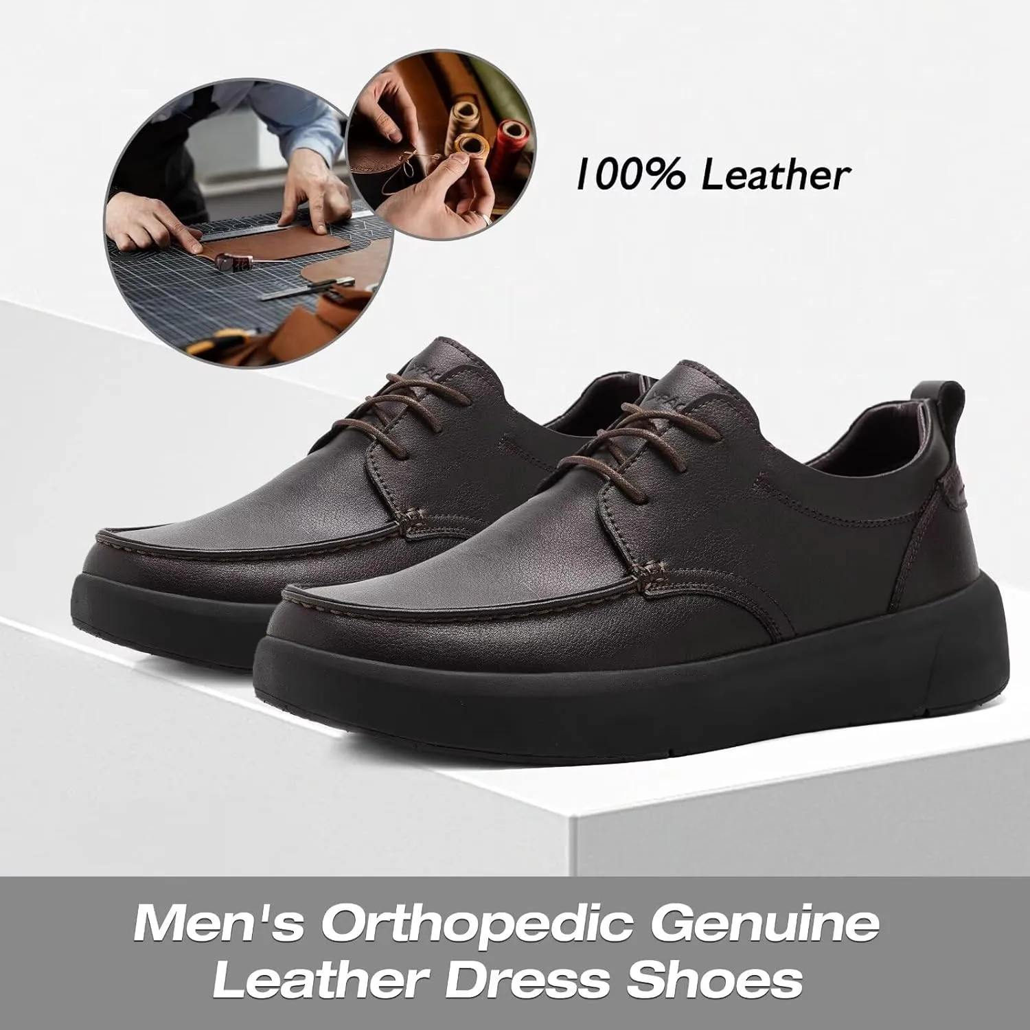 XPACS Men's Orthopedic Leather Dress Walking Shoes: Comfortable Plantar Fasciitis Arch Support Sneakers, Casual Business Work Adjustable Fit Orthotic Flat Feet Oxfords for Heel Foot Pain Relief