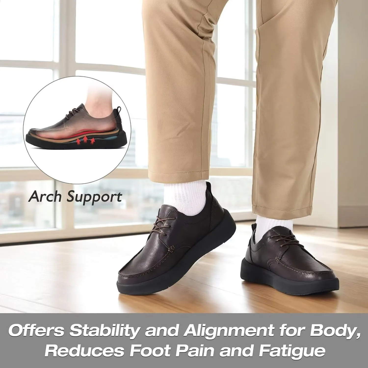 XPACS Men's Orthopedic Leather Dress Walking Shoes: Comfortable Plantar Fasciitis Arch Support Sneakers, Casual Business Work Adjustable Fit Orthotic Flat Feet Oxfords for Heel Foot Pain Relief